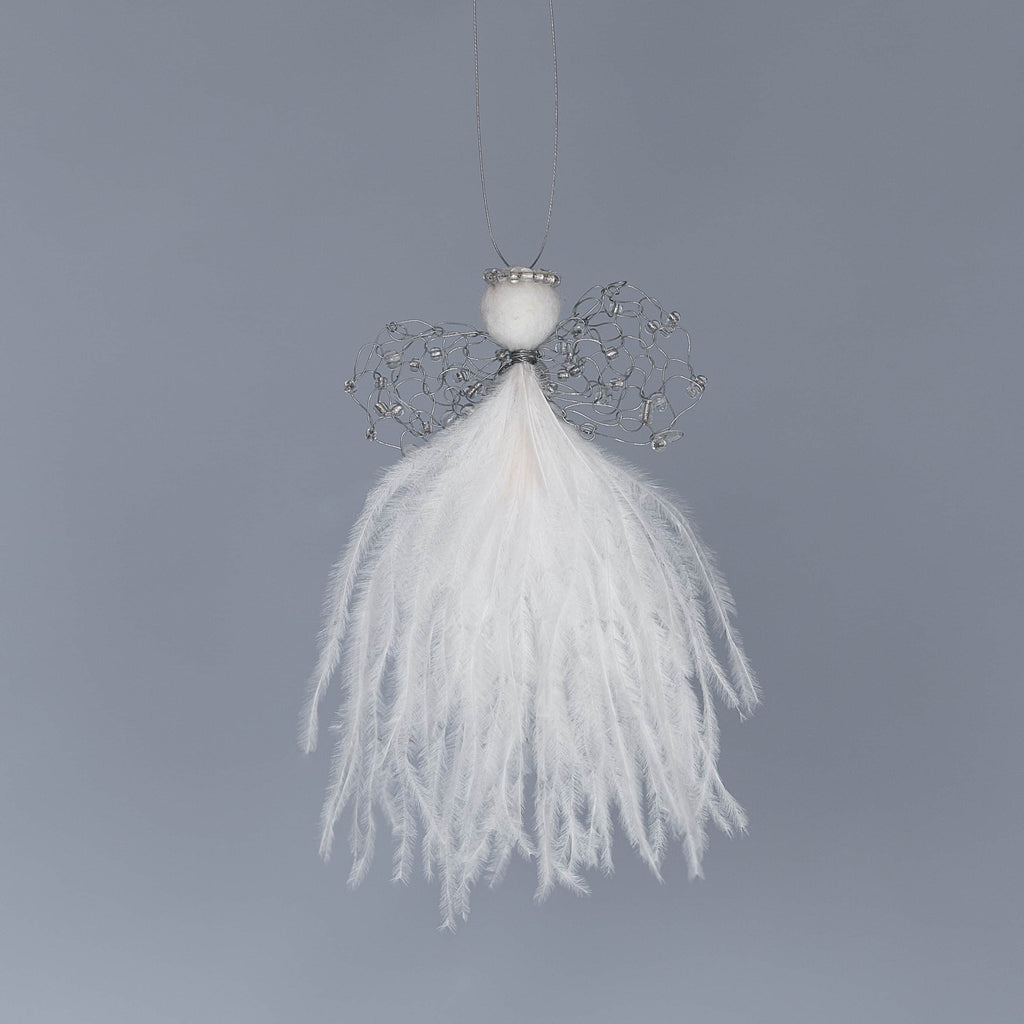 delicate angel decoration with a cream feather bodice, wire wings with clear beads and a felted wool head with a clear beaded halo