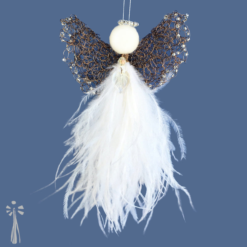 delicate angel of hope decoration with  white feathers, intricate amber coloured copper wire double wings with clear beads, a clear leaf pendant at neck and a felted wool head with a clear beaded halo