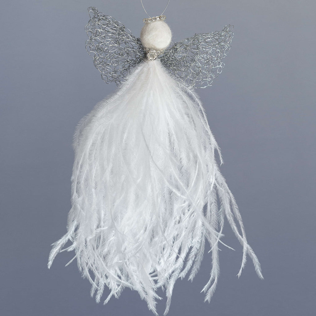 delicate hanging angel decoration with a white feather bodice, unadorned but intricately knit wire wings, a large 'diamond' bead at the neck and a felted wool head with a clearn beaded halo