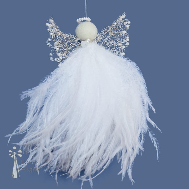 delicate guardian angel decoration with a white feather bodice, intricate wire double wings with pearl white beads and a felted wool head with a pearl white beaded halo