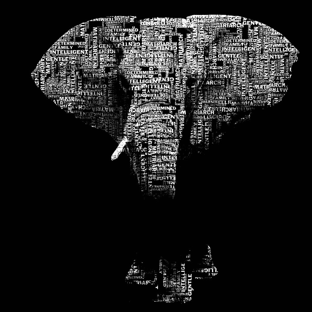 original digital art depicting elephant in words, intelligent, determined, gentle, giant, matriarch, family, cheeky, intuitive. black background.letters in white