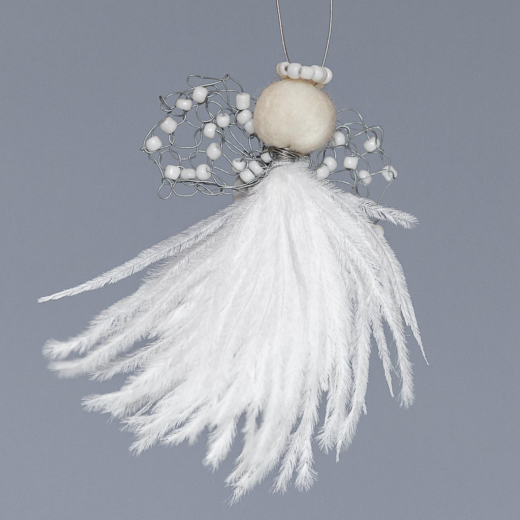 delicate angel decoration with a white feather bodice, wire wings with white beads and a felted wool head with a white beaded halo