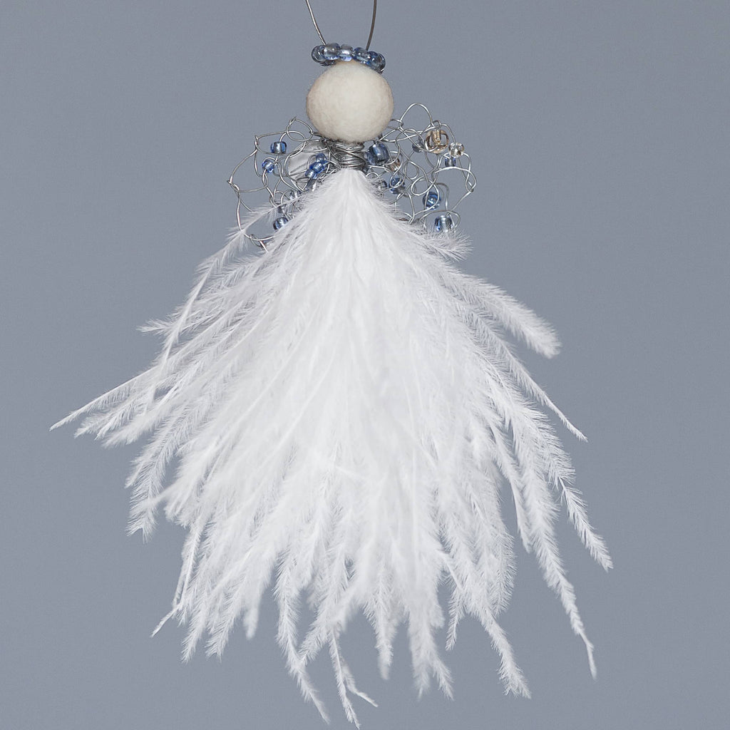 delicate angel decoration with a white feather bodice, wire wings with blue beads and a felted wool head with a blue beaded halo