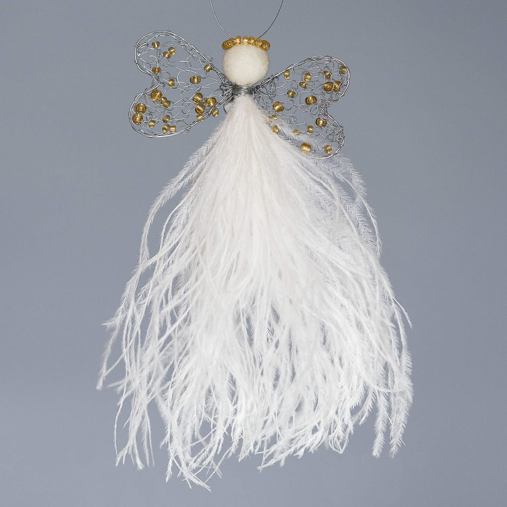 angel hanging decoration with white ostrich feather bodice, wire wings adorned with gold beads and felted wool head with gold beaded halo.