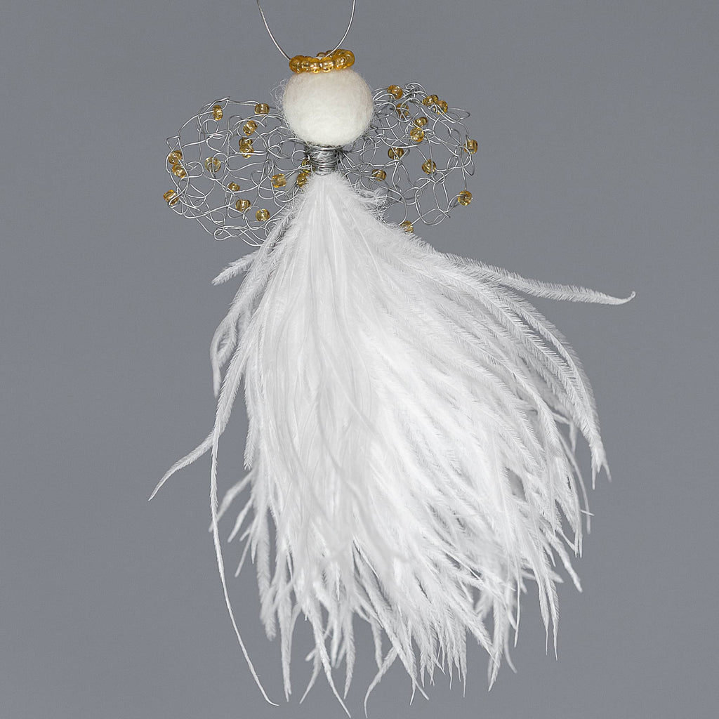delicate angel decoration with a white feather bodice, wire wings with yellow beads and a felted wool head with a yellow beaded halo
