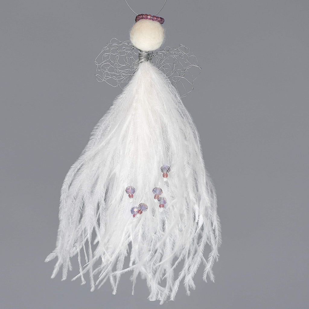 angel hanging decoration with purpled beads on ribbon mixed amongst the white ostrich feather bodice, unadorned wire wings,  felted wool head with purple beaded halo.