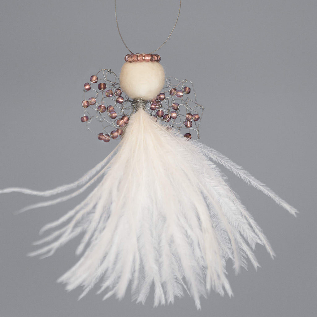 delicate angel decoration with  cream feathers, wire wings with purple beads and a felted wool head with a purple beaded halo
