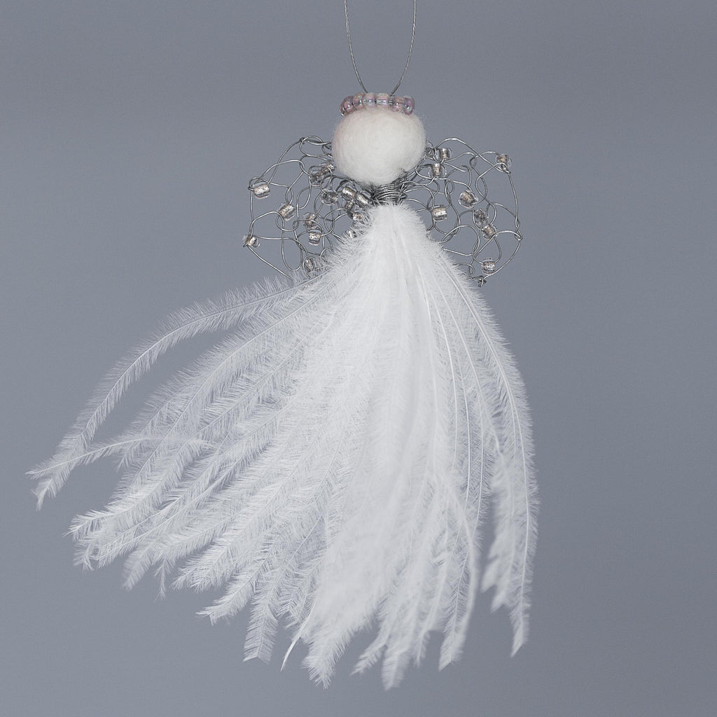delicate angel decoration with a white feather bodice, wire wings with clear and light pink beads and a felted wool head with a light pink beaded halo