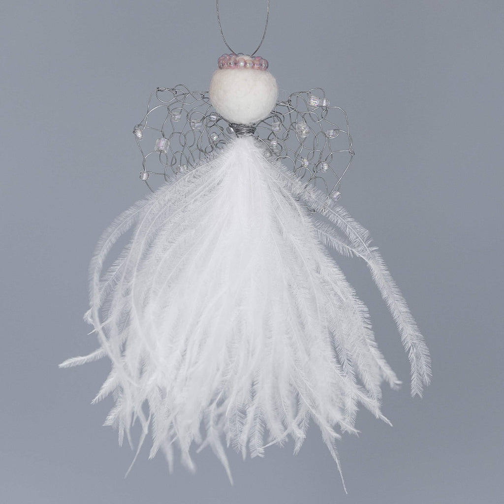 delicate angel decoration with a white feather bodice, wire wings with pink and clear beads and a felted wool head with a soft pink beaded halo