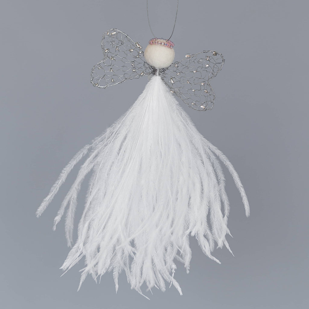 angel hanging decoration with white ostrich feather bodice, double heart shaped wire wings adorned with clear beads and felted wool head with light pink beaded halo.