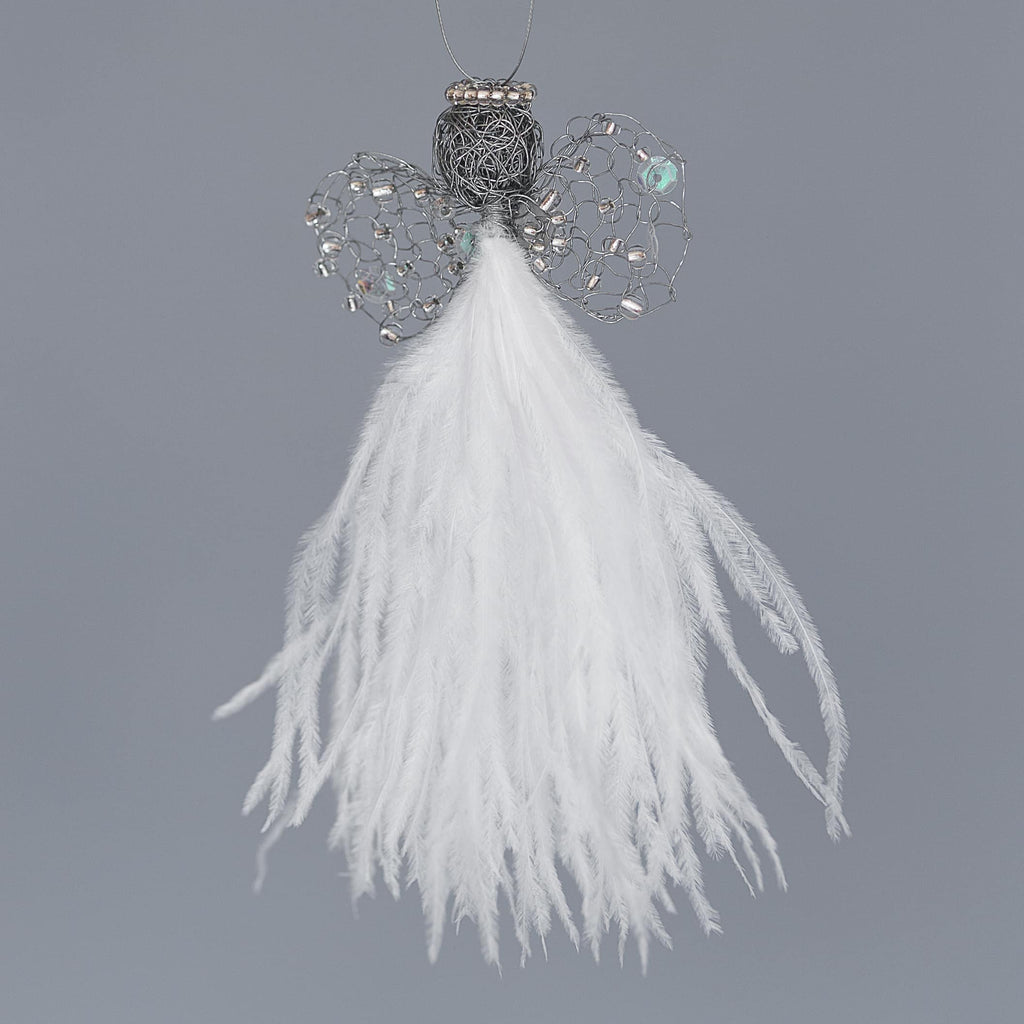 delicate angel decoration with a white feather bodice, wire wings with clear beads and a wire head with a clear beaded halo
