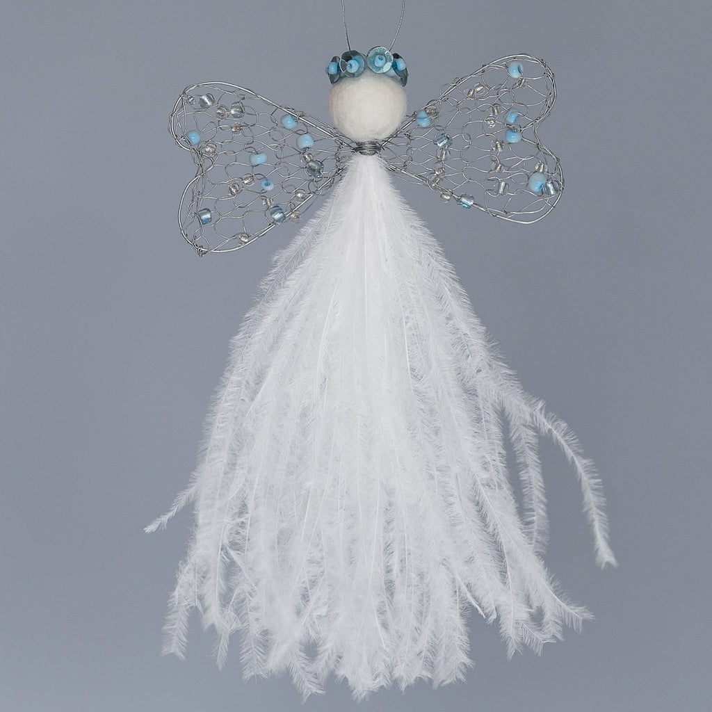 angel hanging decoration with  white ostrich feather bodice, double heart shaped wire wings adorned with light blue beads, felted wool head with soft blue beaded halo.