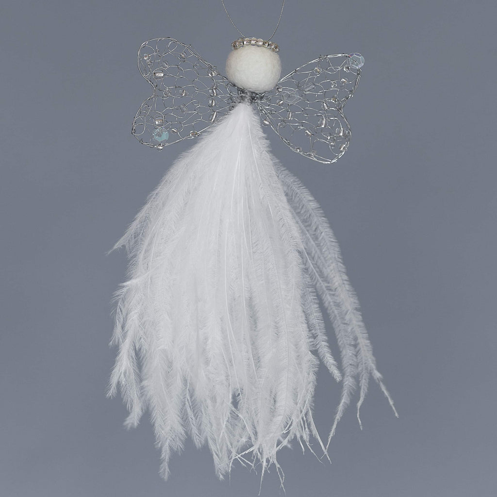 angel hanging decoration with white ostrich feather bodice, wire wings adorned with clear beads,  felted wool head with clear beaded halo.