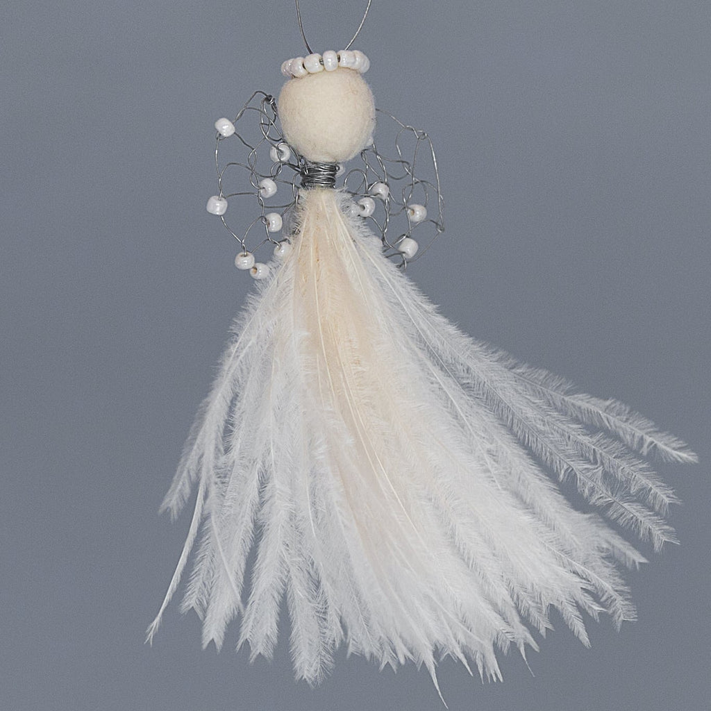 delicate angel decoration with cream feathers, wire wings with opaque cream beads and a felted wool head with a cream beaded halo