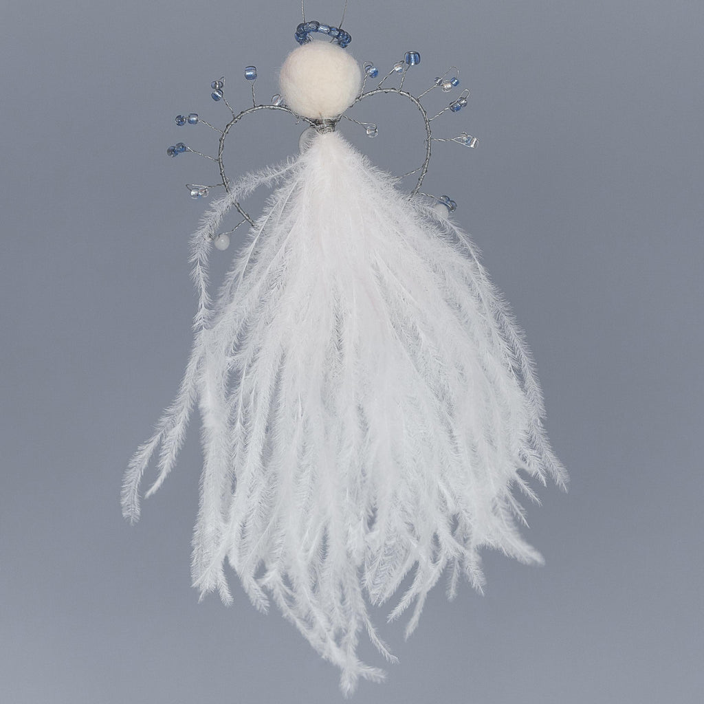 angel hanging decoration with the white ostrich feather bodice, large open wire heart on back with blue beads, felted wool head with blue beaded halo.