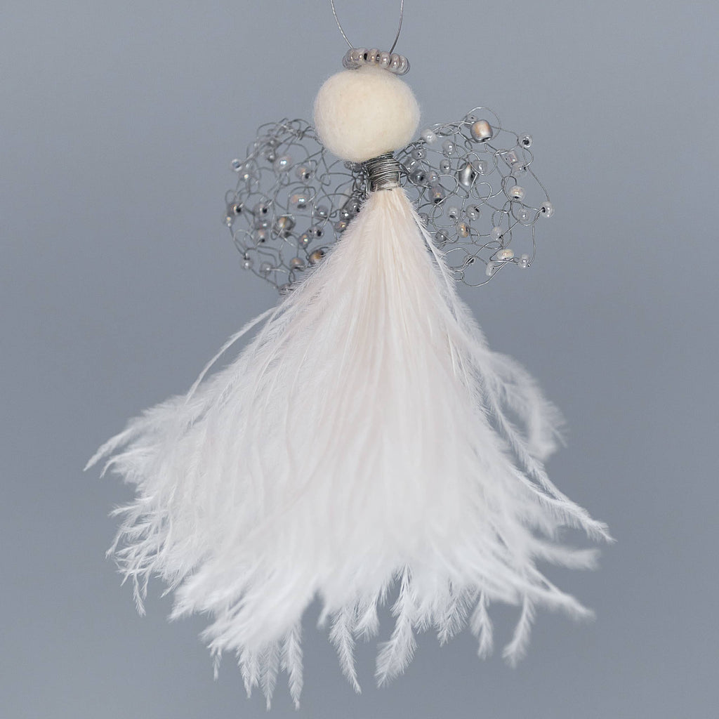 delicate angel decoration with a white feather bodice, wire wings with grey beads and a felted wool head with a grey beaded halo