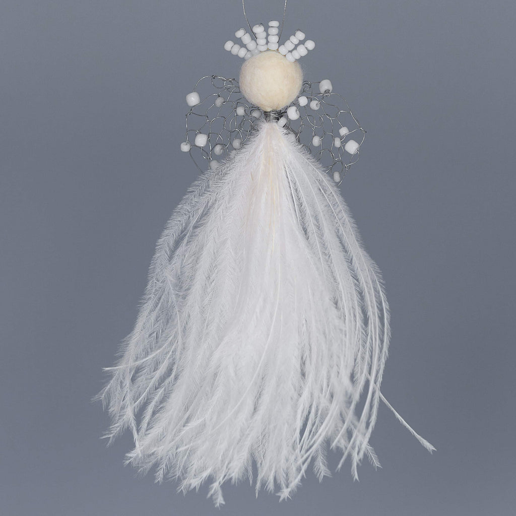 delicate angel decoration with a white feather bodice, wire wings with opaque white beads and a felted wool head with opaque white beaded rasta style  halo