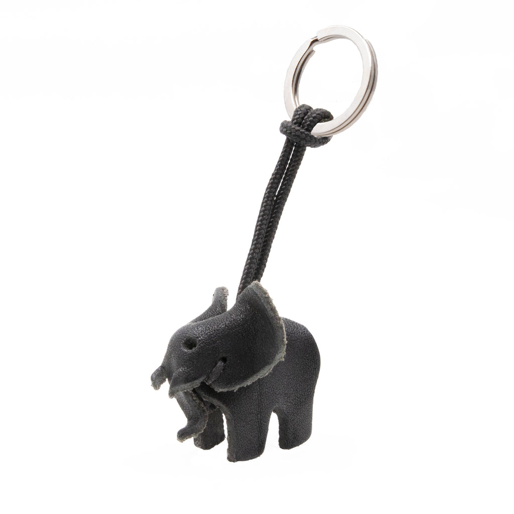 artisan crafted hand stitched baby elephant keychain in black coloured  leather. 