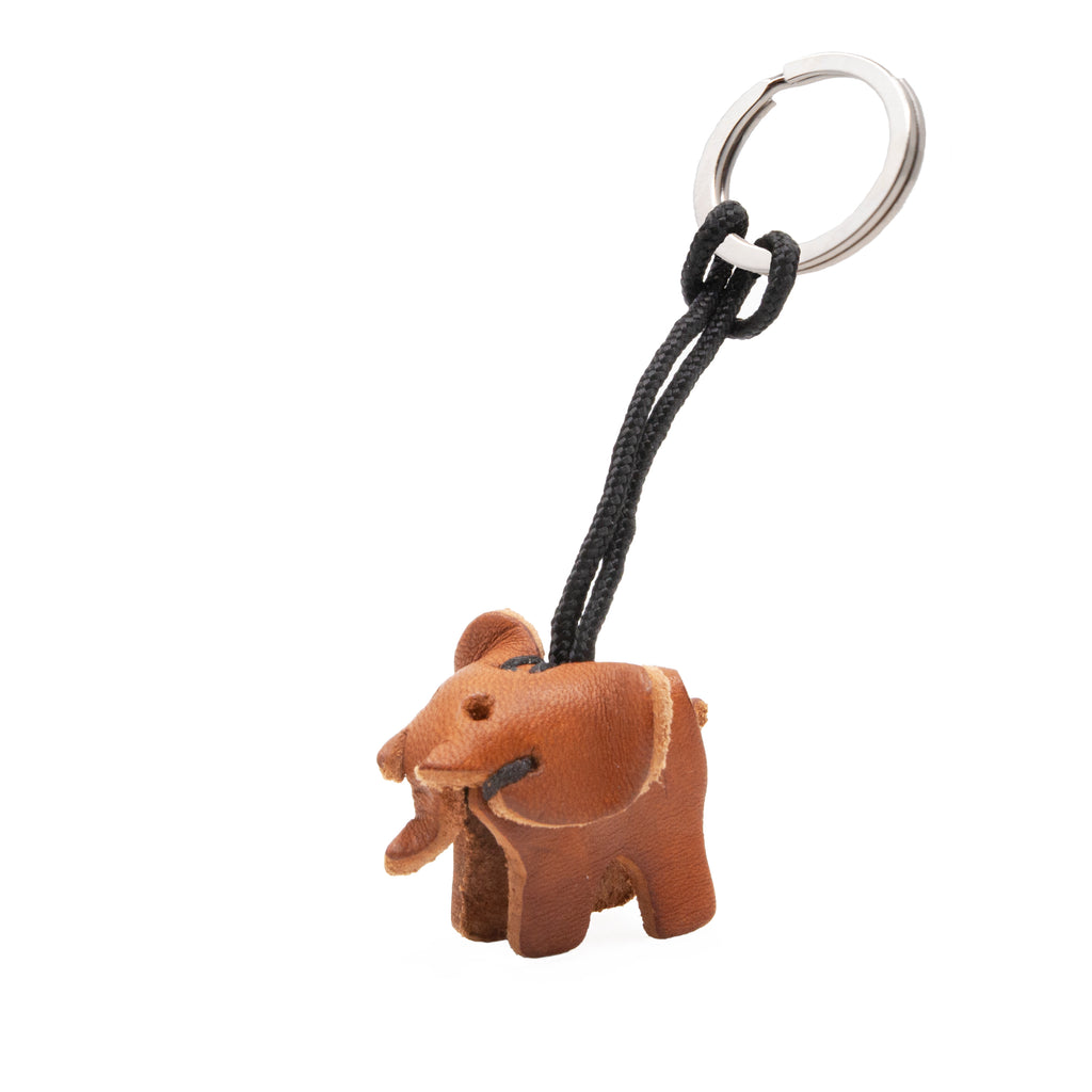 artisan crafted hand stitched baby elephant keychain in tan coloured  leather. 