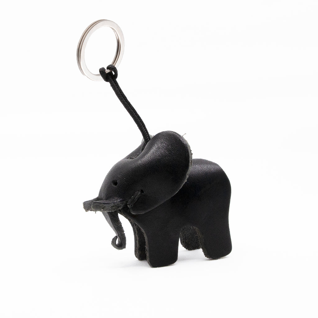 artisan crafted hand stitched baby elephant keychain in black coloured  leather. 