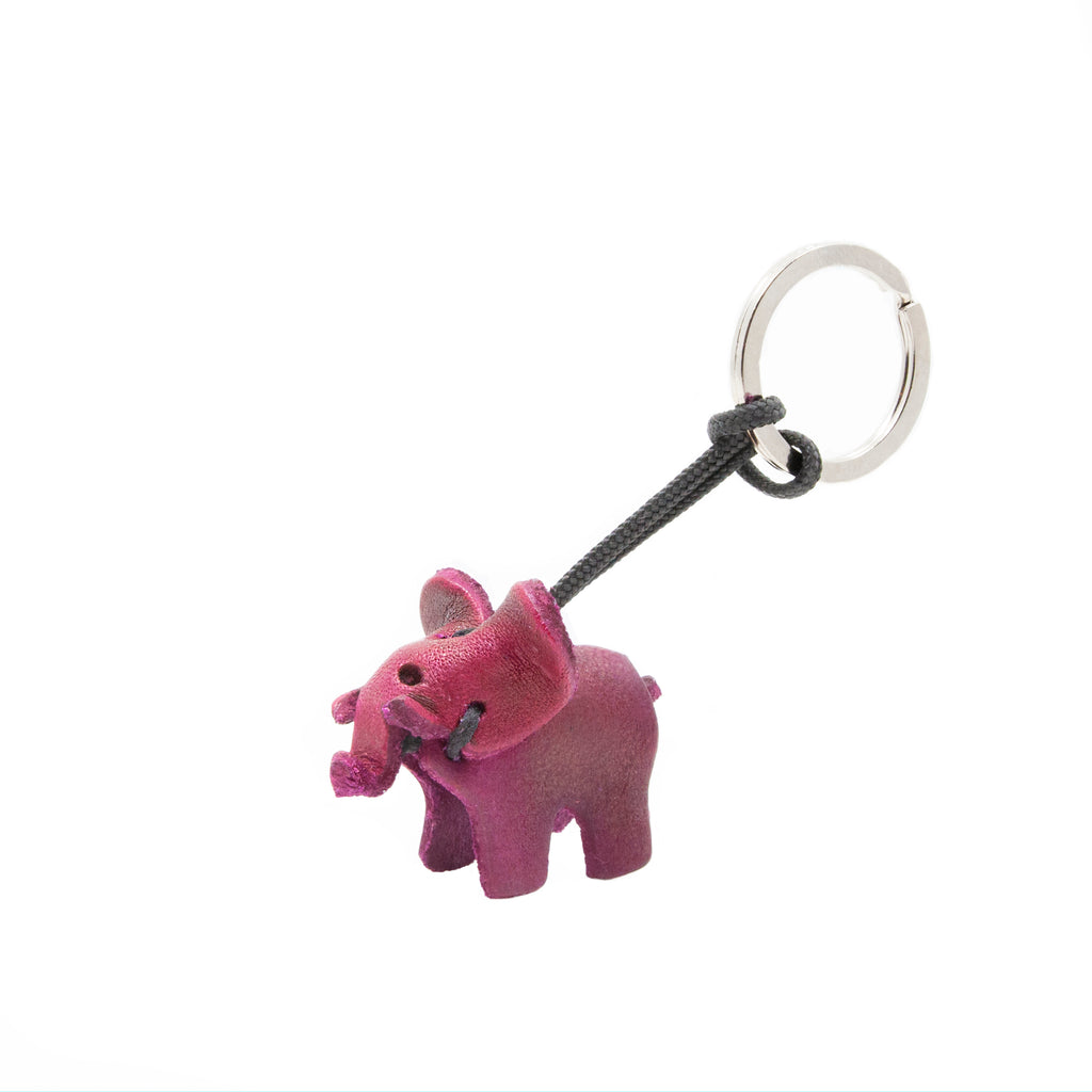 artisan crafted hand stitched baby elephant keychain in dark pink coloured  leather. 