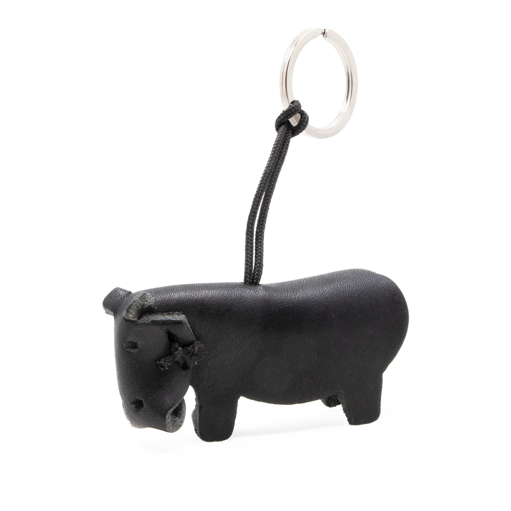 artisan crafted hand stitched hippo keychain in black coloured  leather. 