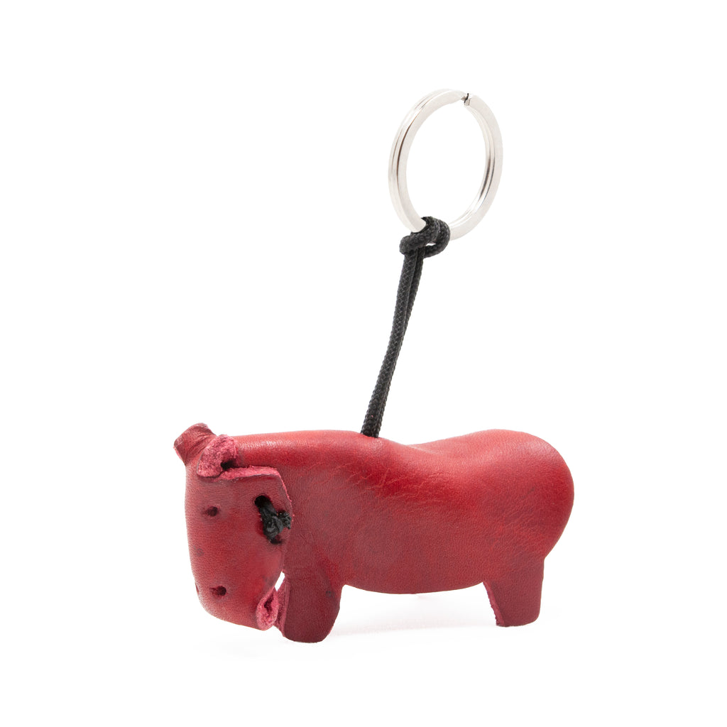artisan crafted hand stitched hippo keychain in red coloured  leather. 