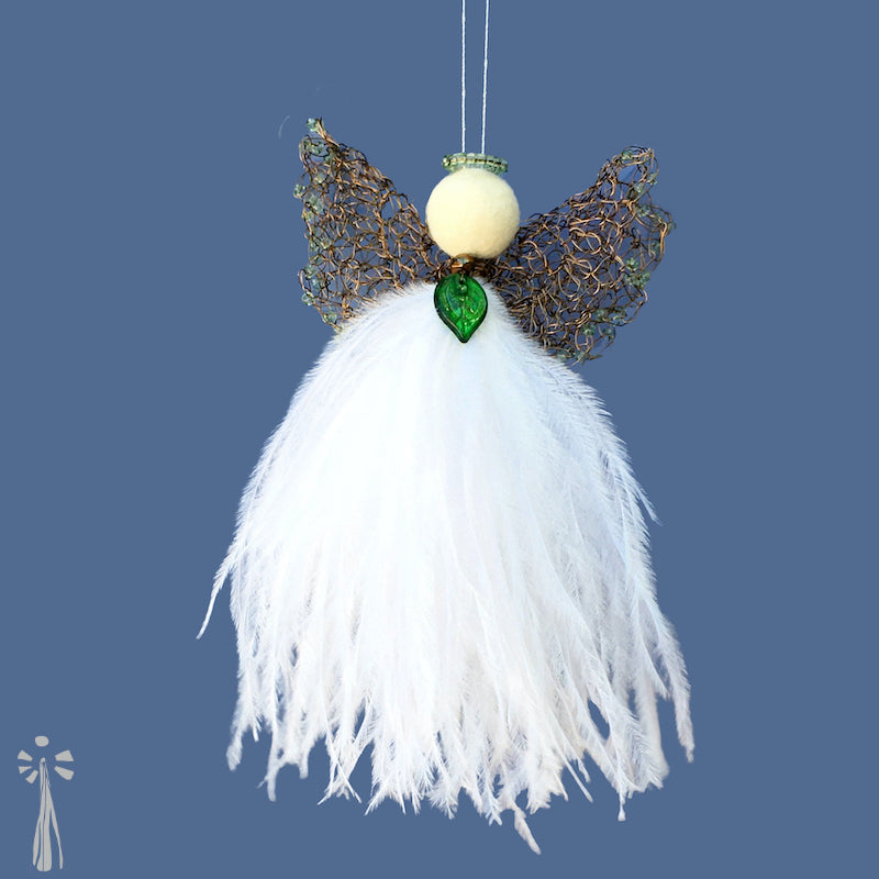 delicate  angel of hope decoration with white feathers, intricate amber coloured copper wire double wings with jade green beads, a jade green leaf pendant at neck and a felted wool head with a jade green beaded halo