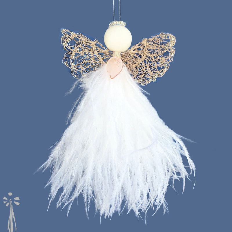 delicate hanging angel of hope decoration with white feathers, intricate ivory coloured copper wire double wings with clear beads, a light pink leaf pendant at neck and a felted wool head with a clear beaded halo