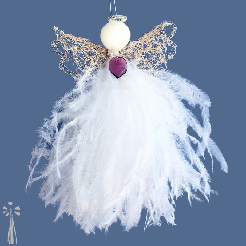 delicate hanging angel of hope decoration with white feathers, intricate ivory coloured copperwire double wings with clear beads, a purple leaf pendant at neck and a felted wool head with a clear beaded halo
