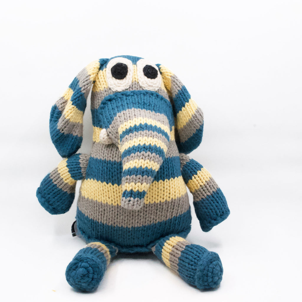 hand knit snuggle elephant stuffie in yellow, blue and grey
