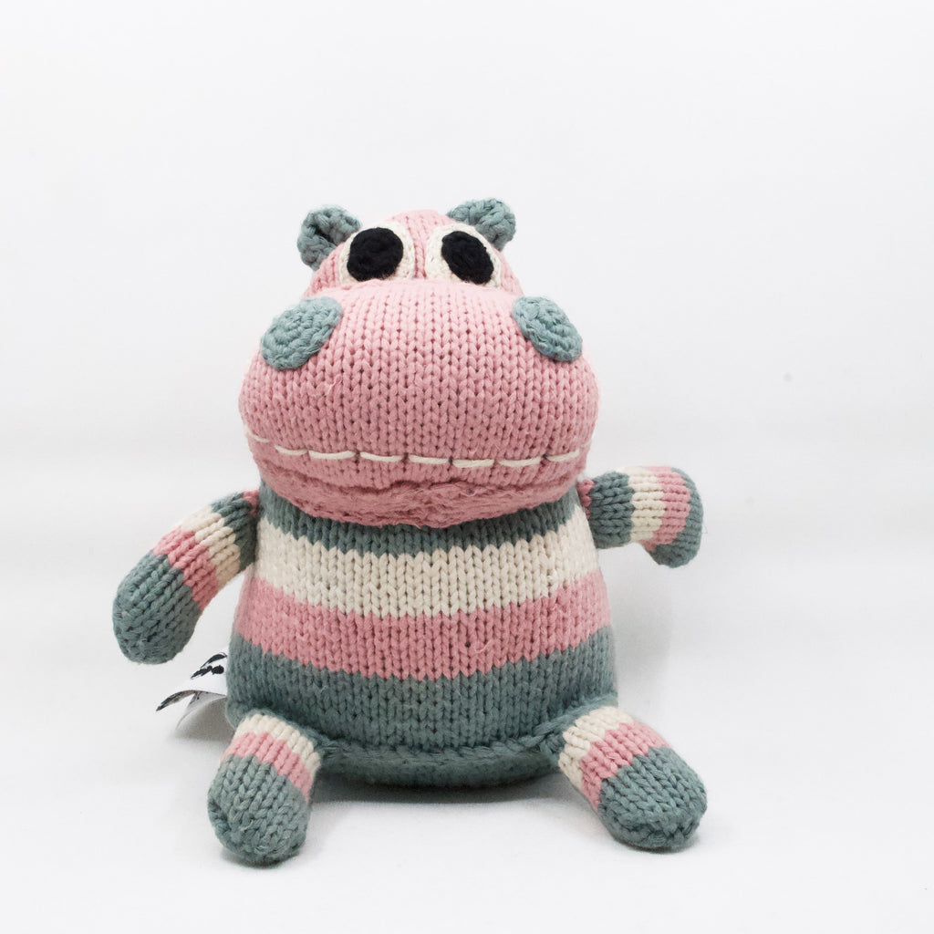 snuggly artisan knit hippo in light blue, pink and white