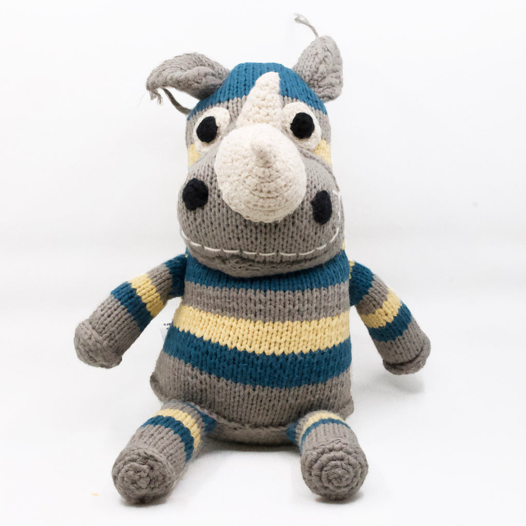 adorable artisan knit rhino in blue, grey and yellow stripes