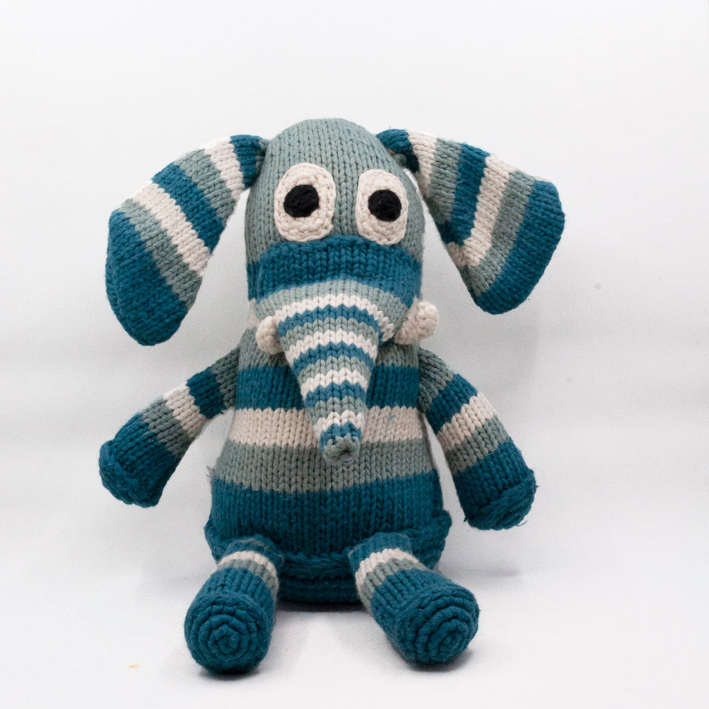 hand knit snuggle elephant stuffie in ight blue, dark blue and white