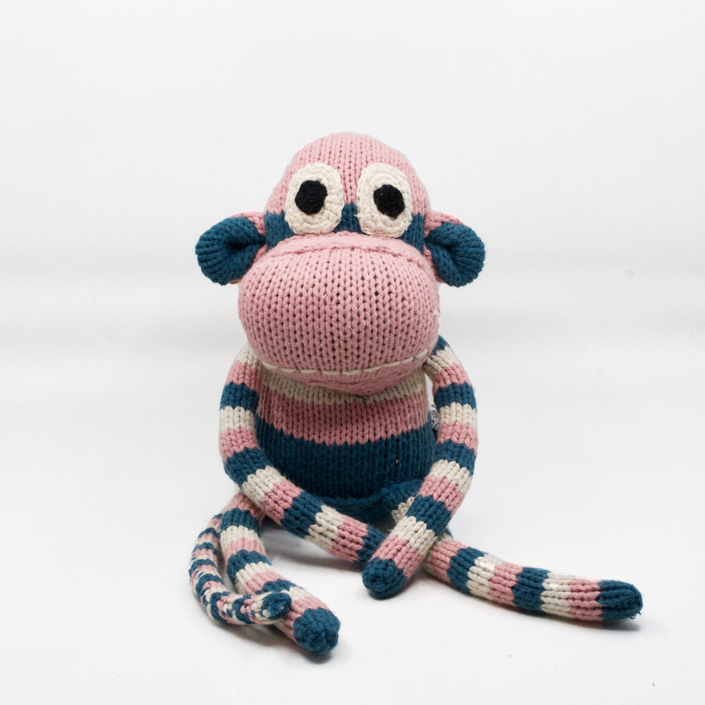 sweet artisan knit snuggle monkey in pink, blue and white