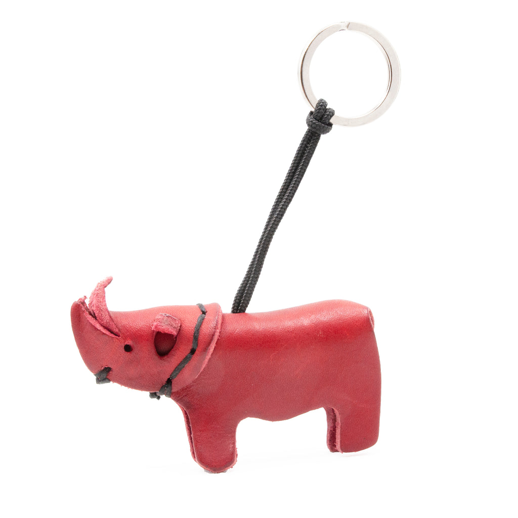 artisan crafted hand stitched rhino keychain in red coloured leather. 