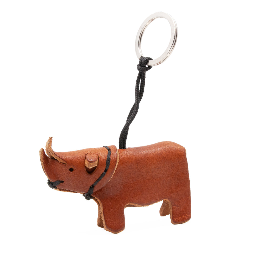 artisan crafted hand stitched rhino keychain in tan coloured leather. 