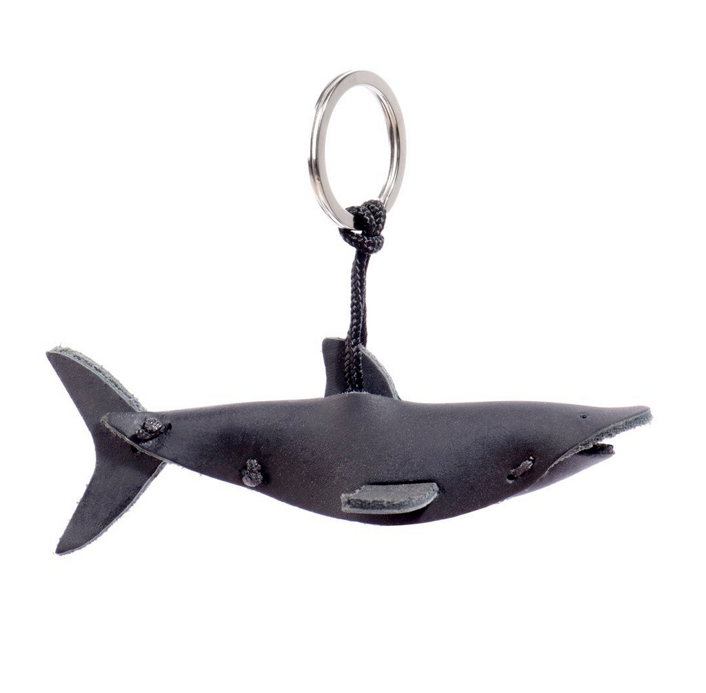 artisan crafted hand stitched Shark Keychain. black  leather 