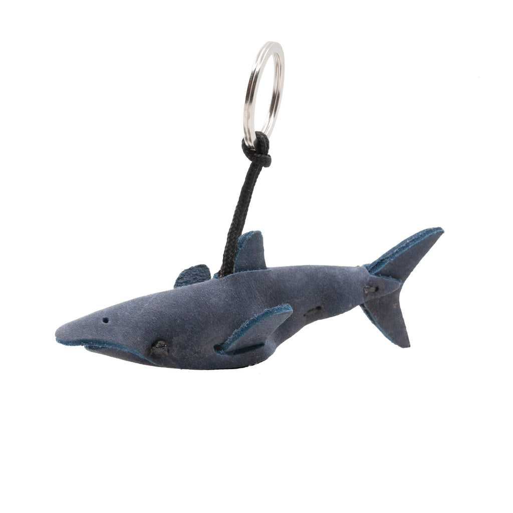 artisan crafted hand stitched Shark Keychain. grey blue leather suede.