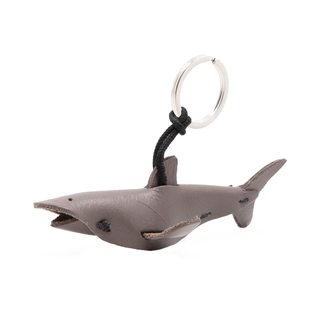 artisan crafted hand stitched Shark Keychain. warm grey taupe leather