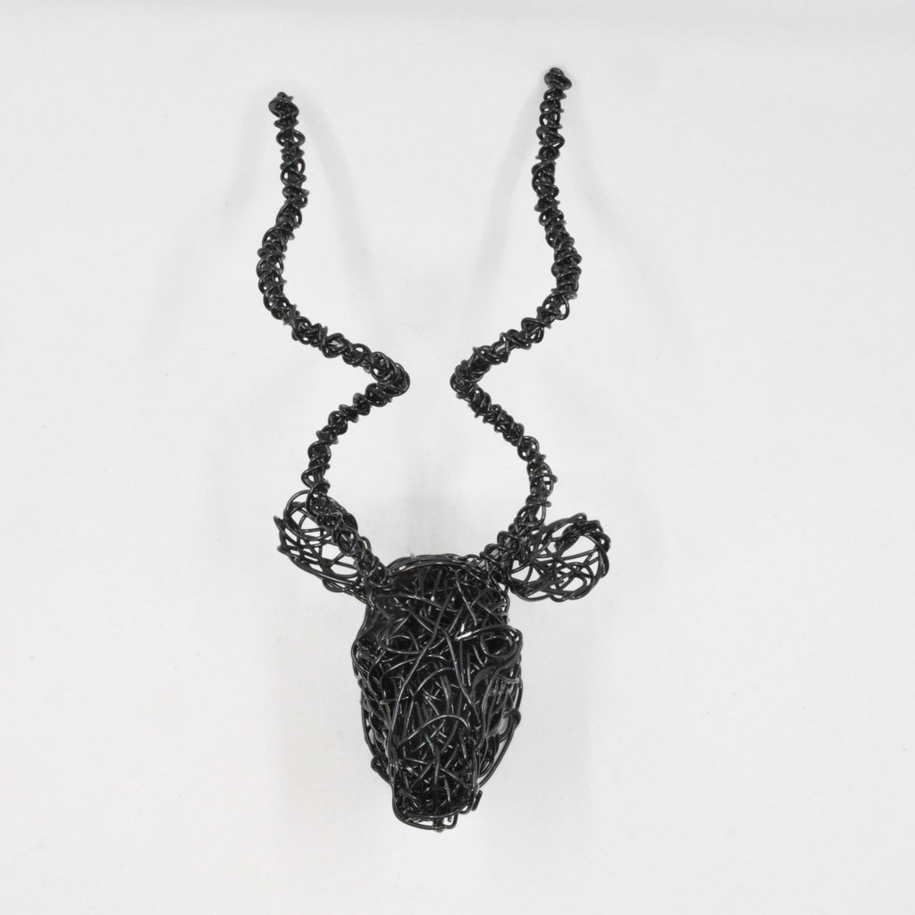 mini kudu head wall art of black powder coated galvanized wire. Wire is twisted and manipulated entirely by hand