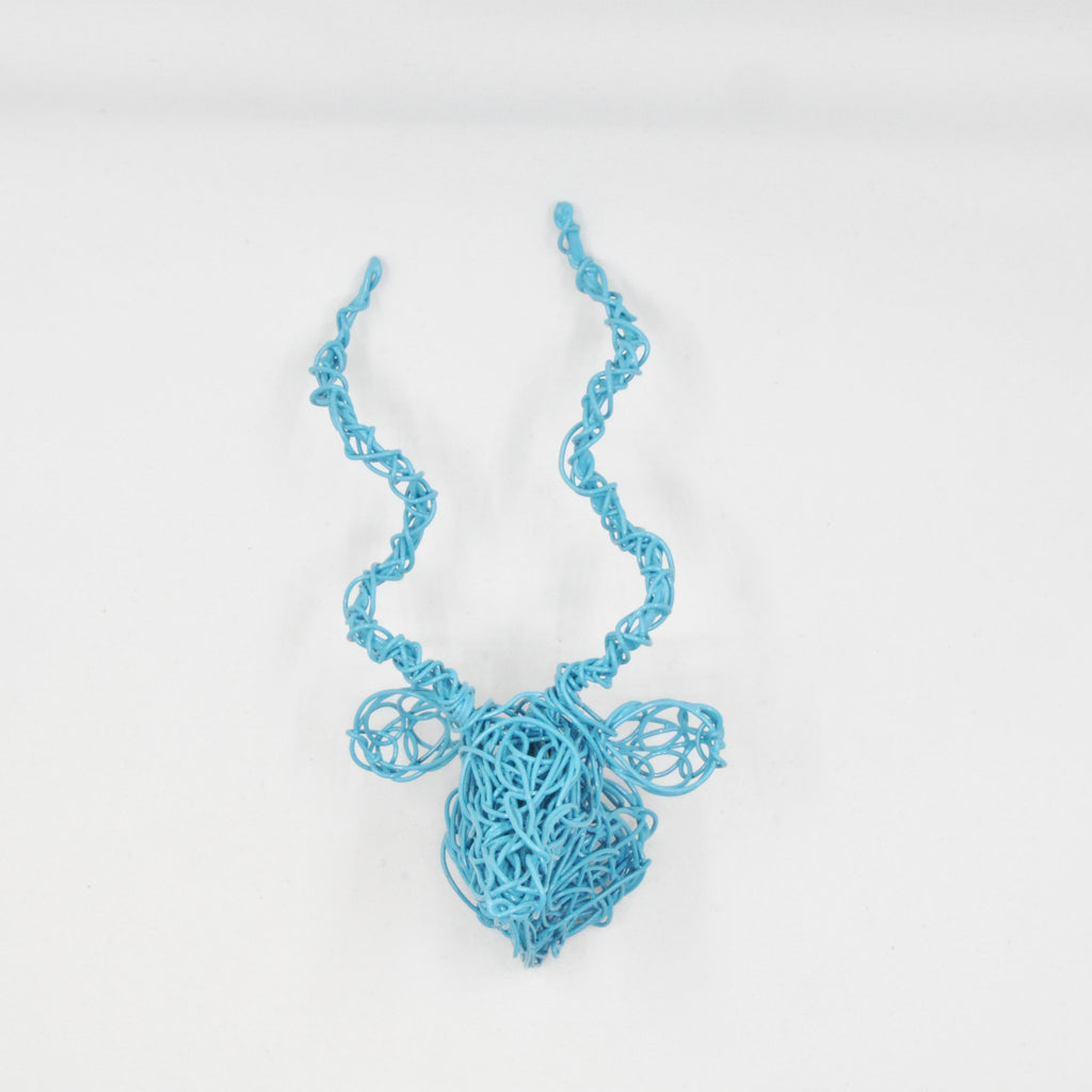 mini kudu head wire wall art of bright blue powder coated galvanized wire. Wire is twisted and manipulated entirely by hand