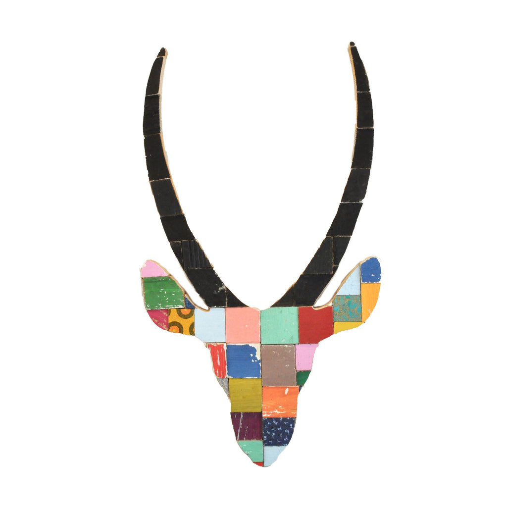 Springbok Head handmade using salvaged wood blocks of different colours and sizes re-assembled to create an art piece