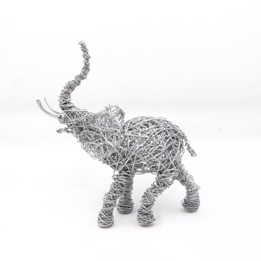 galvanized hand twisted wire elephant side view with trunk up