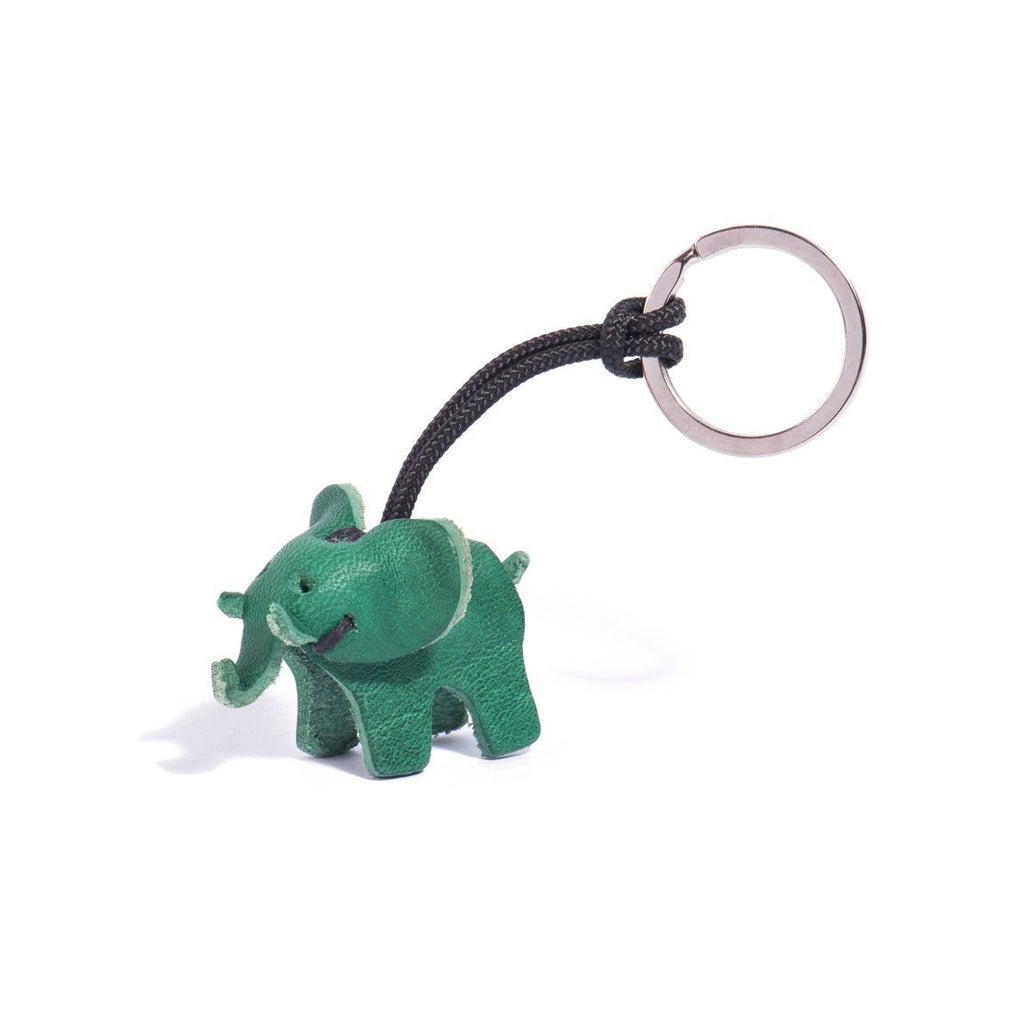 artisan crafted hand stitched baby elephant keychain in green coloured  leather. 