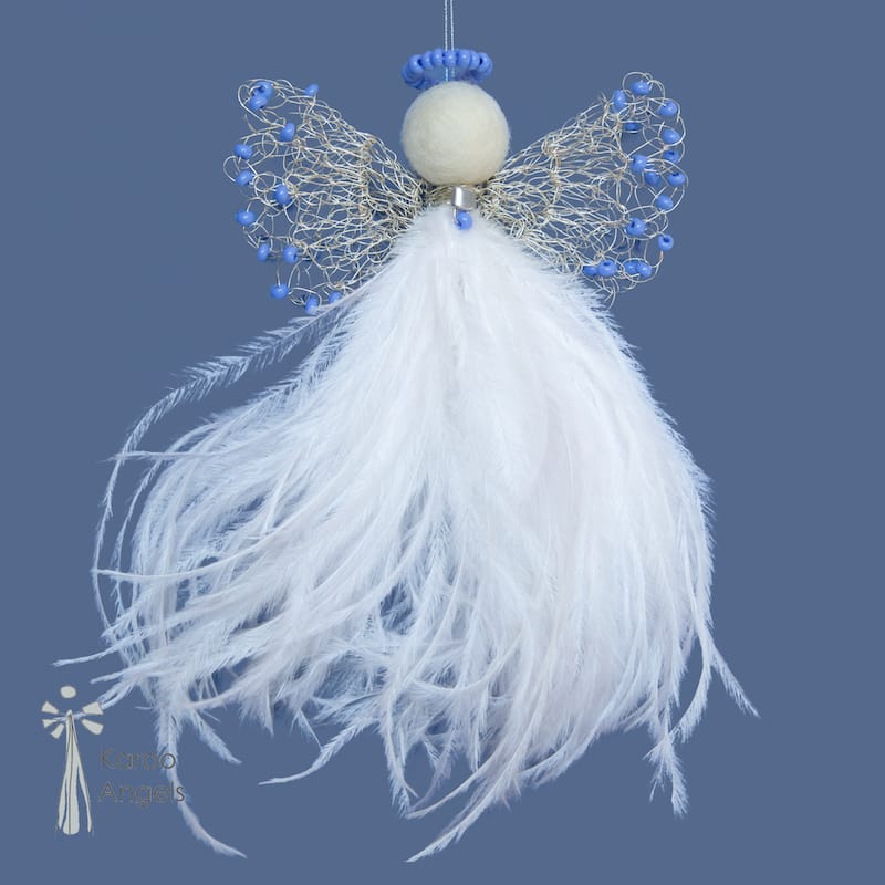 delicate guardian angel decoration with a white feather bodice, intricate wire double wings with sky blue beads and a felted wool head with a sky blue beaded halo