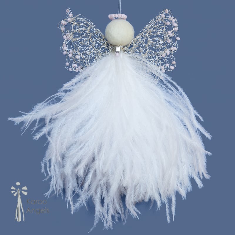 delicate guardian angel decoration with a white feather bodice, intricate wire double wings with soft matte pink beads and a felted wool head with a soft matte pink beaded halo