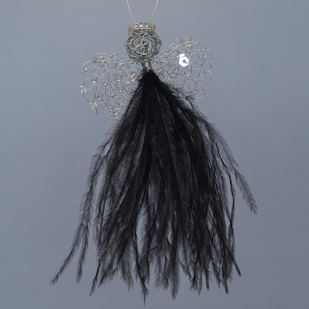 Dramatic yet delicate angel decoration with a black feather bodice, wire wings with clear beads and a wire head with a clear beaded halo