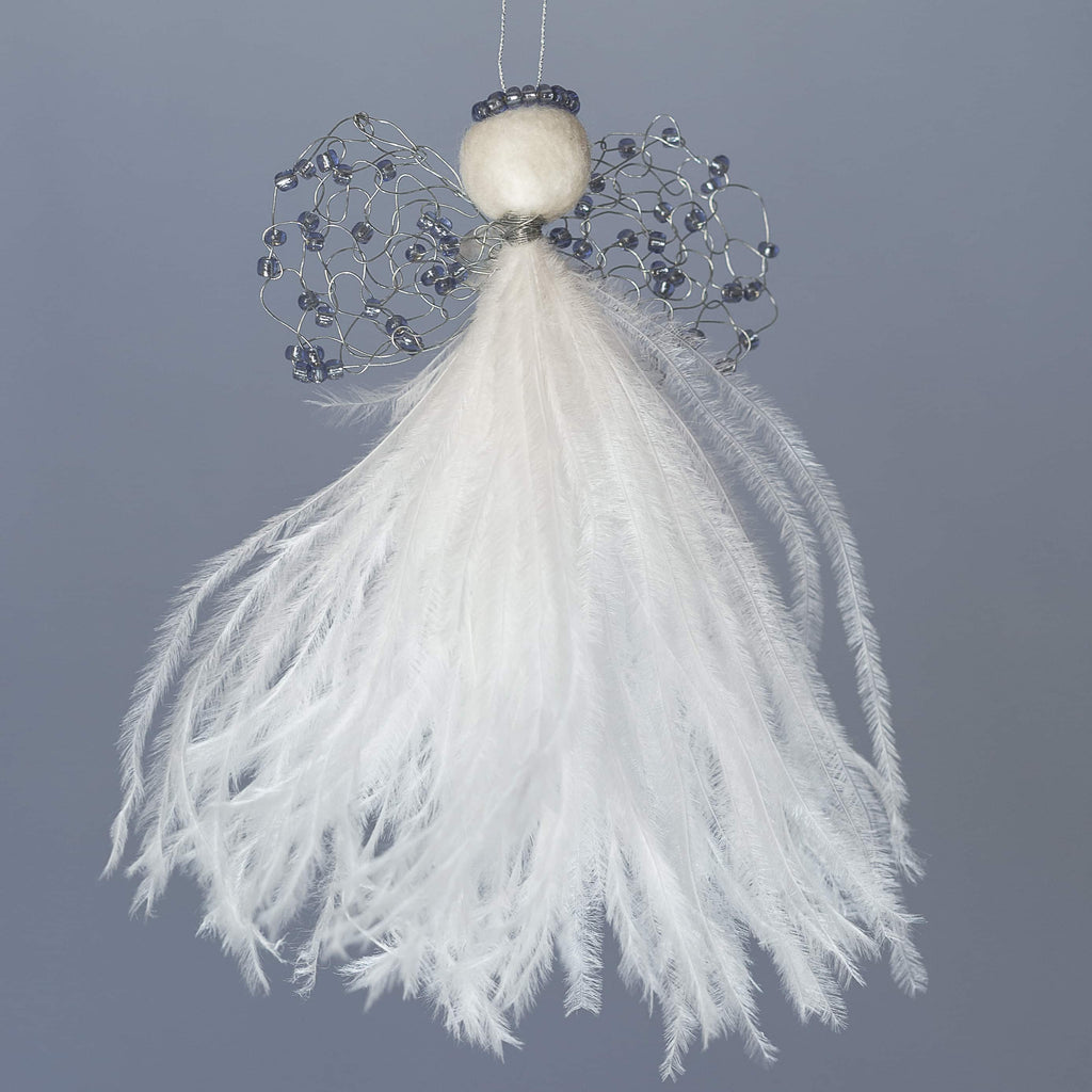 delicate angel decoration with a cream feather bodice, wire wings with blue beads and a felted wool head with a blue beaded halo