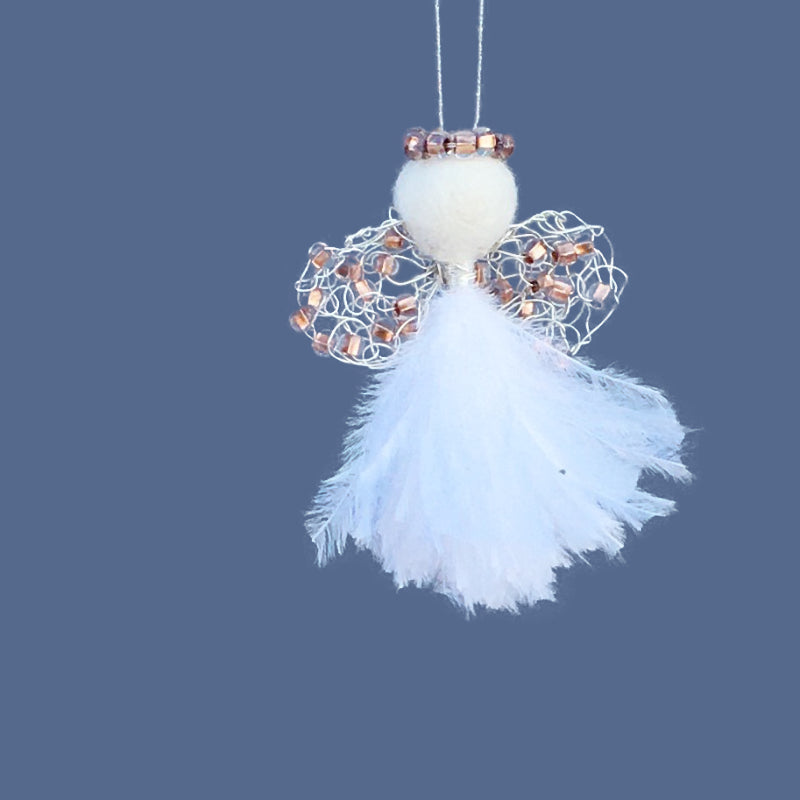 delicate angel decoration with a white feather bodice, wire wings with amber beads and a felted wool head with an amber beaded halo